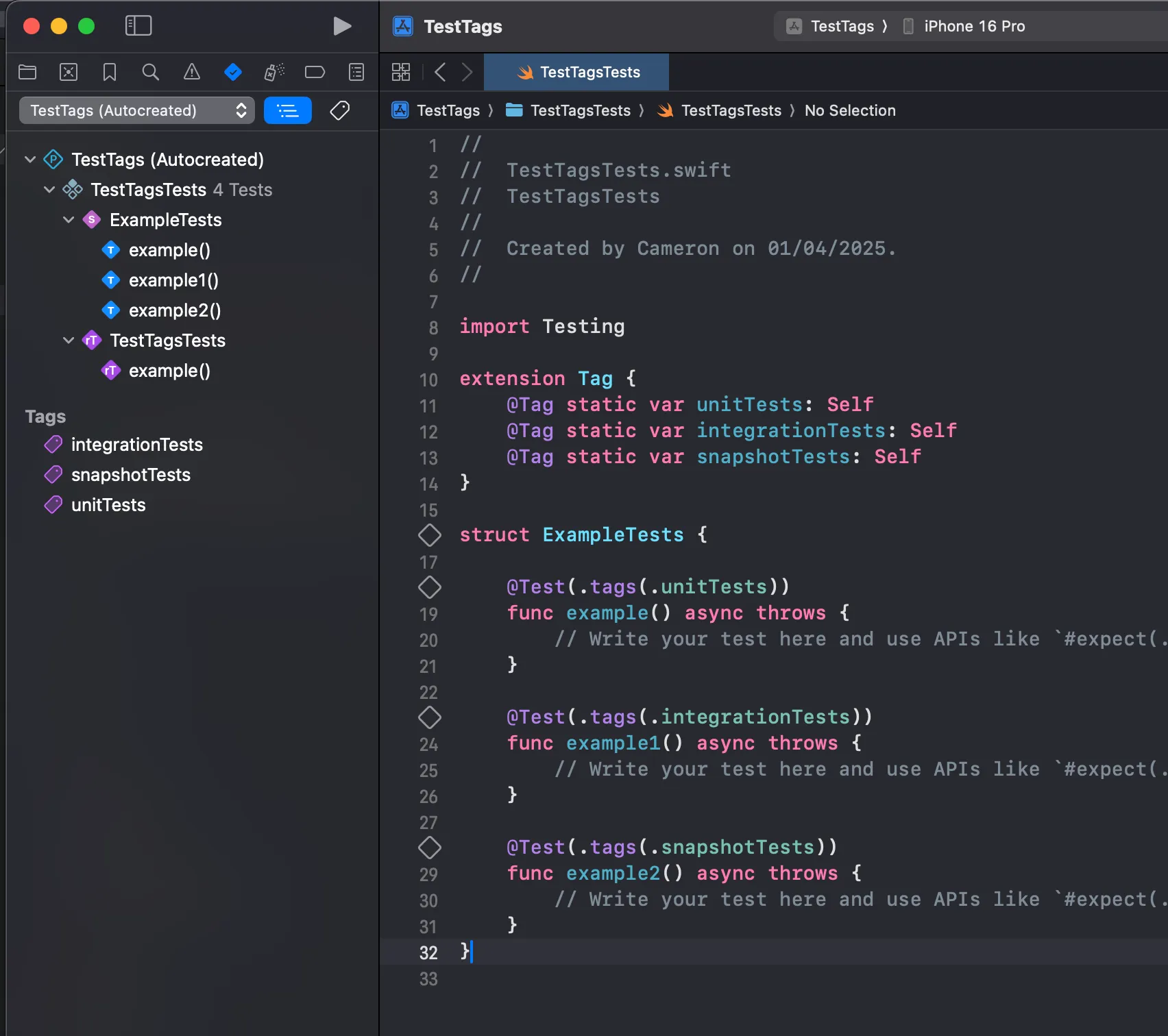 Xcode Test Navigator showing how to run tests by tag